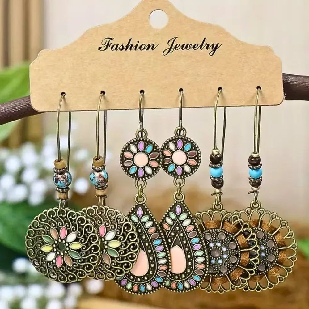 Bohemian Earring Beaded set of 3 Vacation Style Vintage-Inspired Dangle Earrings